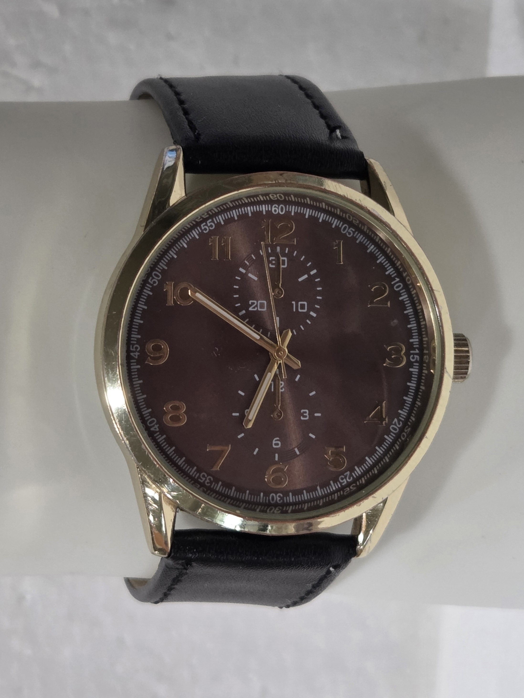 Mens Gold Case Watch With Black Leather Strap